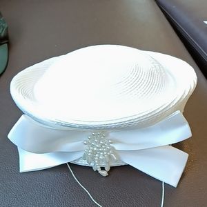 Vintage Straw Pillbox designer hat with Satin Pearl ribbon